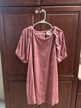 Umgee Dusty Rose Puff-Sleeve Bow-Embroidered Dress with Pockets